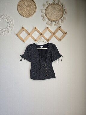 LPA Women's Black Polka Dot Wrap Button-Front Blouse Sleeve Ties XS EUC